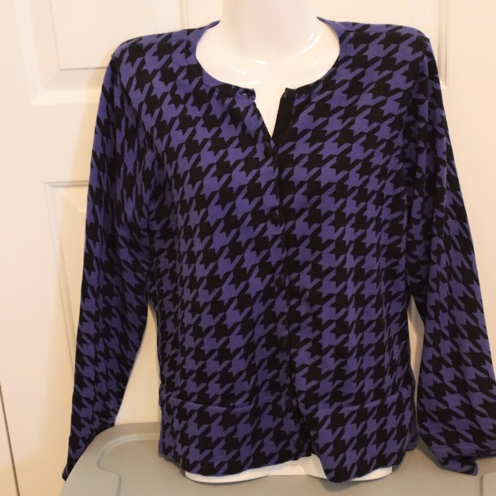 Liz Claiborne Black/Purple Abstract Print Cardigan Sweater Size Large